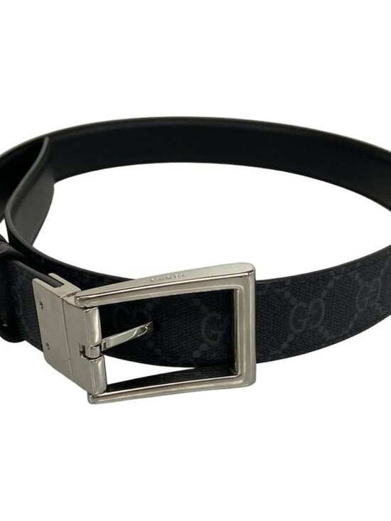 Gucci Belt GG Supreme Black Gray Silver Reversible Square Buckle Leather
